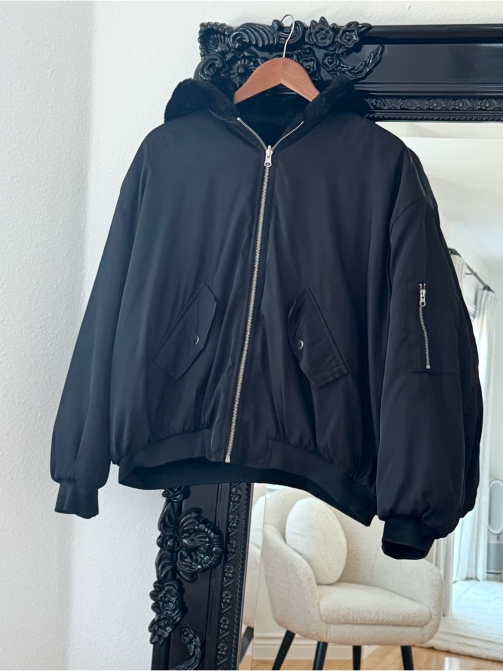 Adika | Women’s Black Oversized Reversible Faux Fur Hooded Bomber Jacket